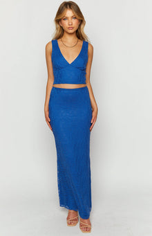 Blue lace V-neck sleeveless crop top with a fitted bodice and subtle gathering