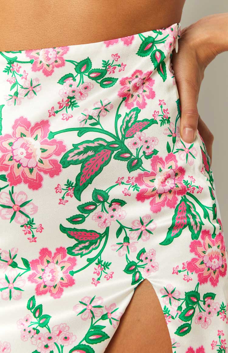 Miranda Floral Satin Mini Skirt | White
