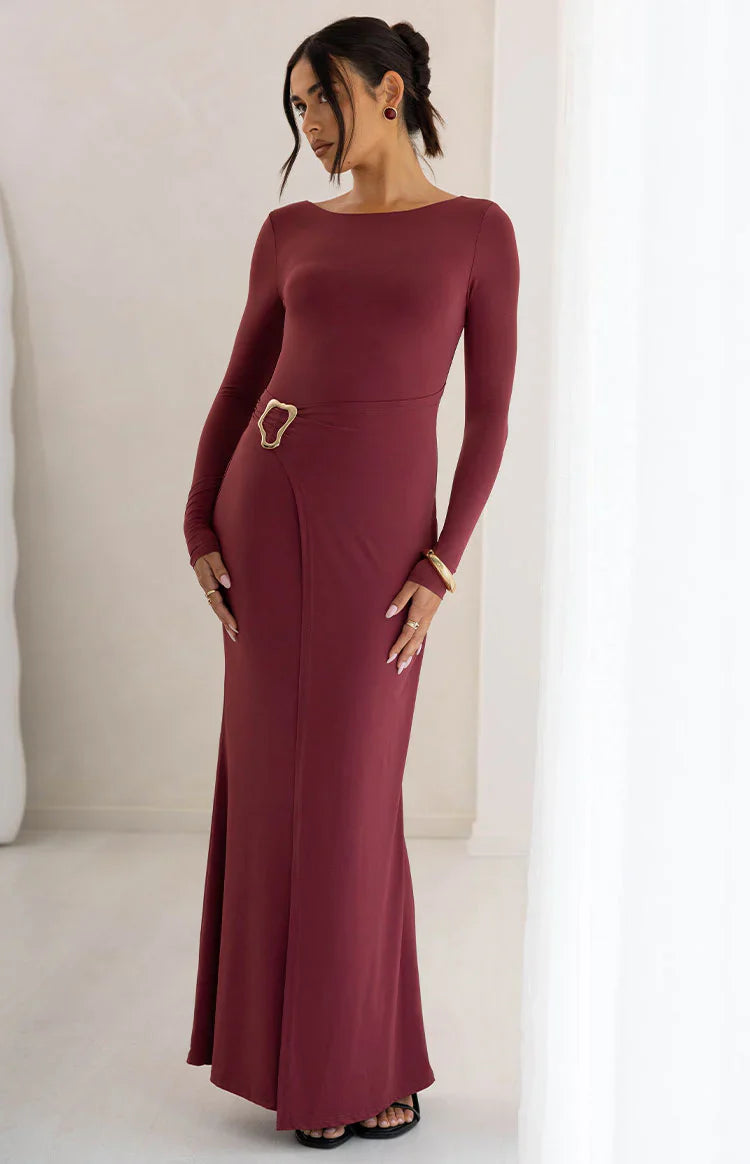 Misaki Long Sleeve Wrap Maxi Dress | Burgundy