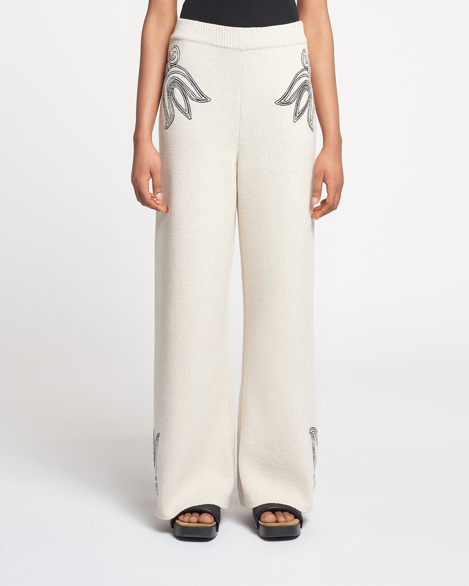 Womens | Emmie Embroidered Textured-Linen Pants | Natural/Black