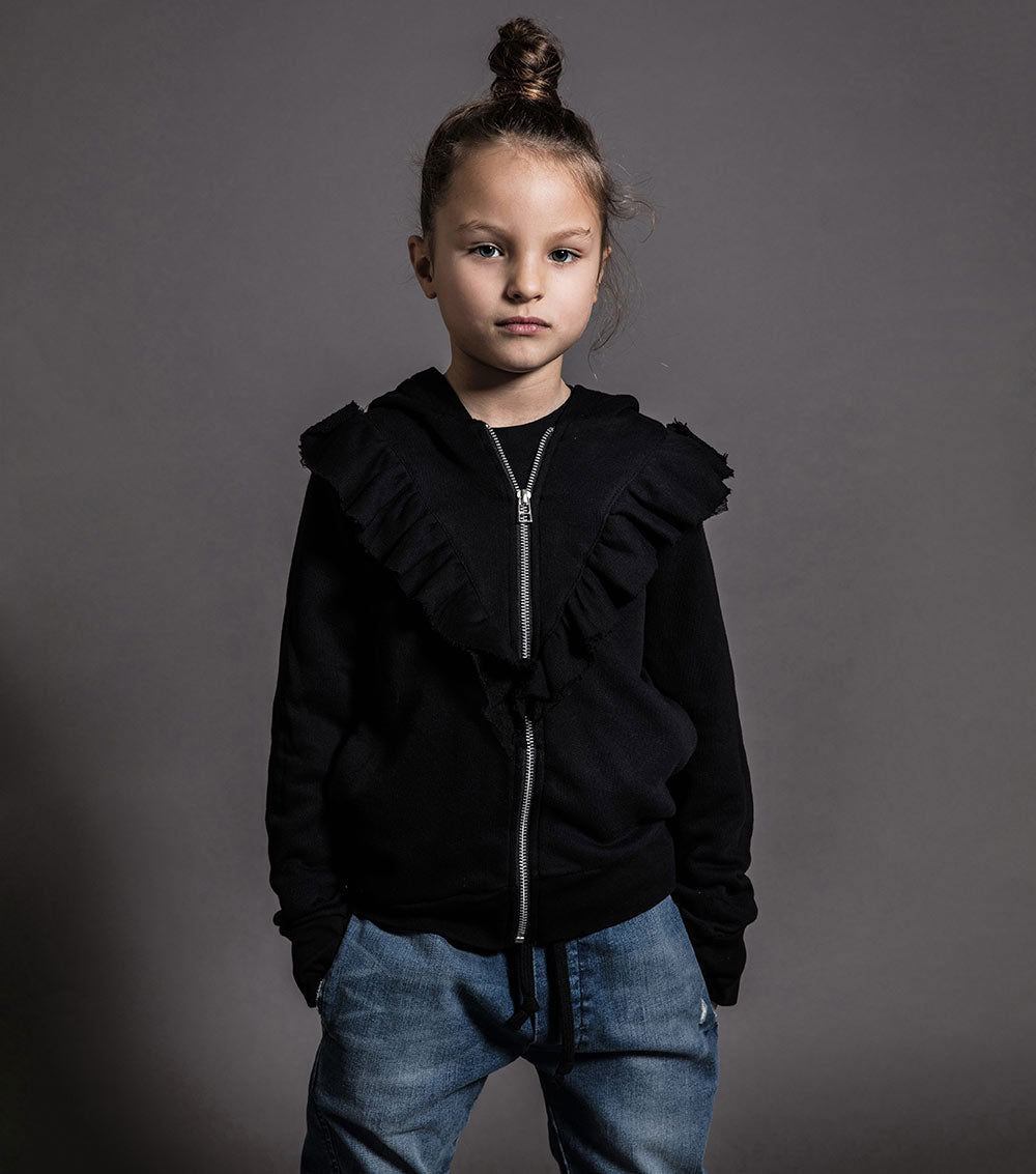 Kid | Ruffled Zip Hoodie | Black