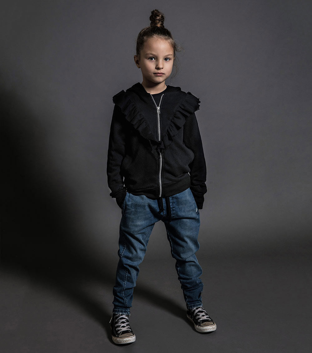 Kid | Ruffled Zip Hoodie | Black