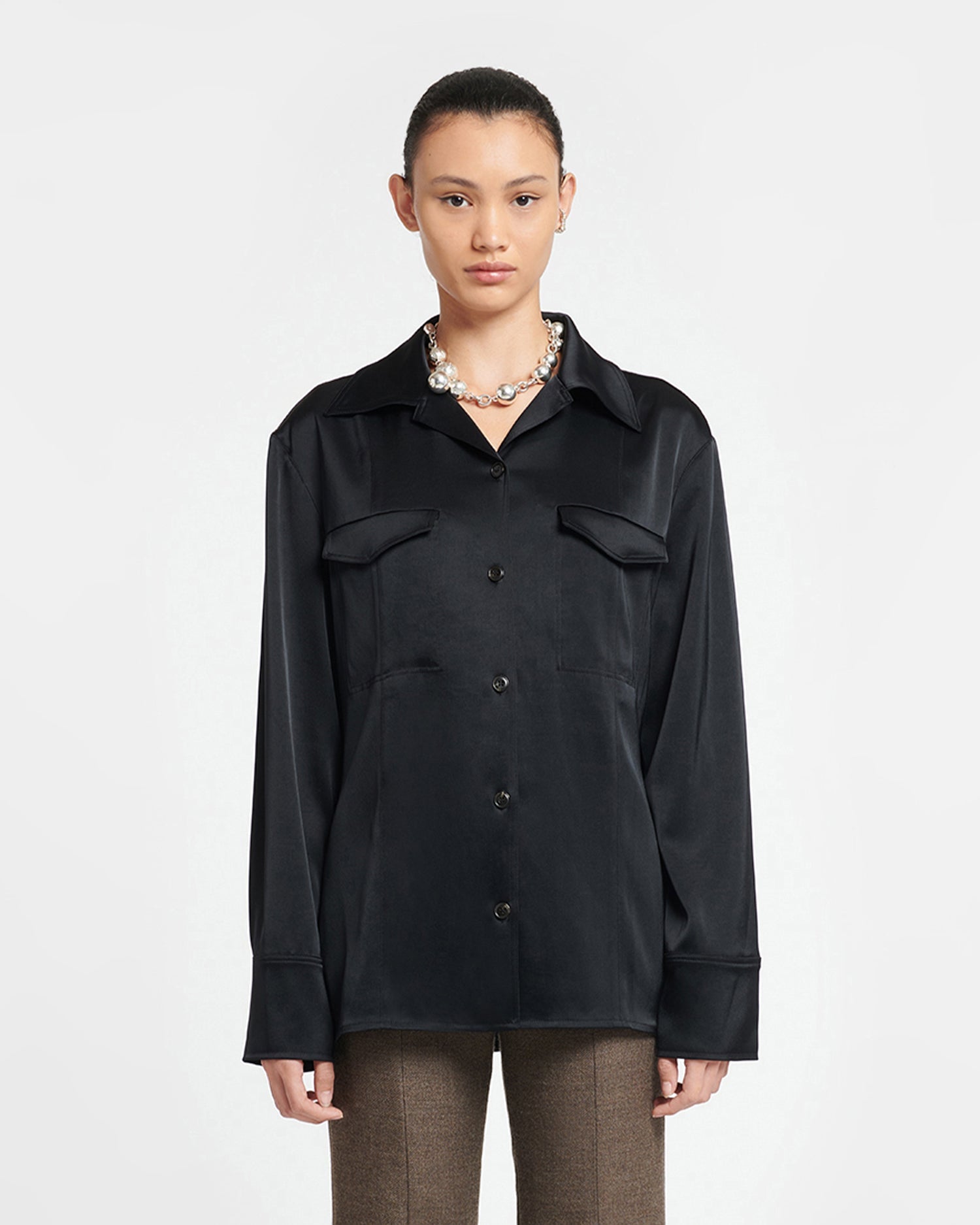 Justina Slip Satin Shirt | Black