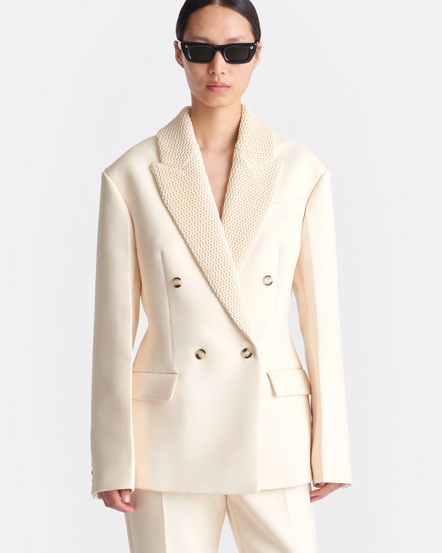 Alanna Crochet-Trim Double Suiting Blazer | Creme