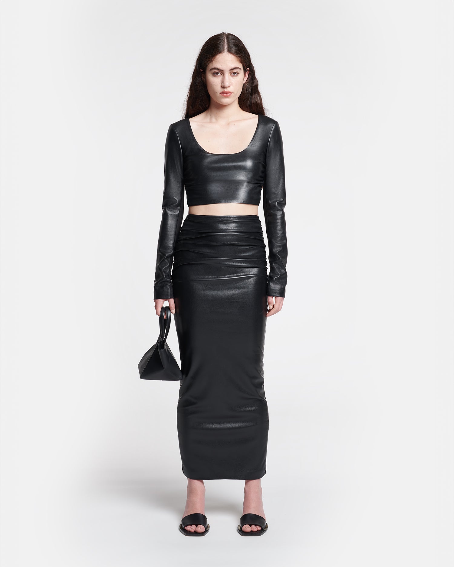 Hester Ruched Okobor Alt-Leather Midi Skirt | Black