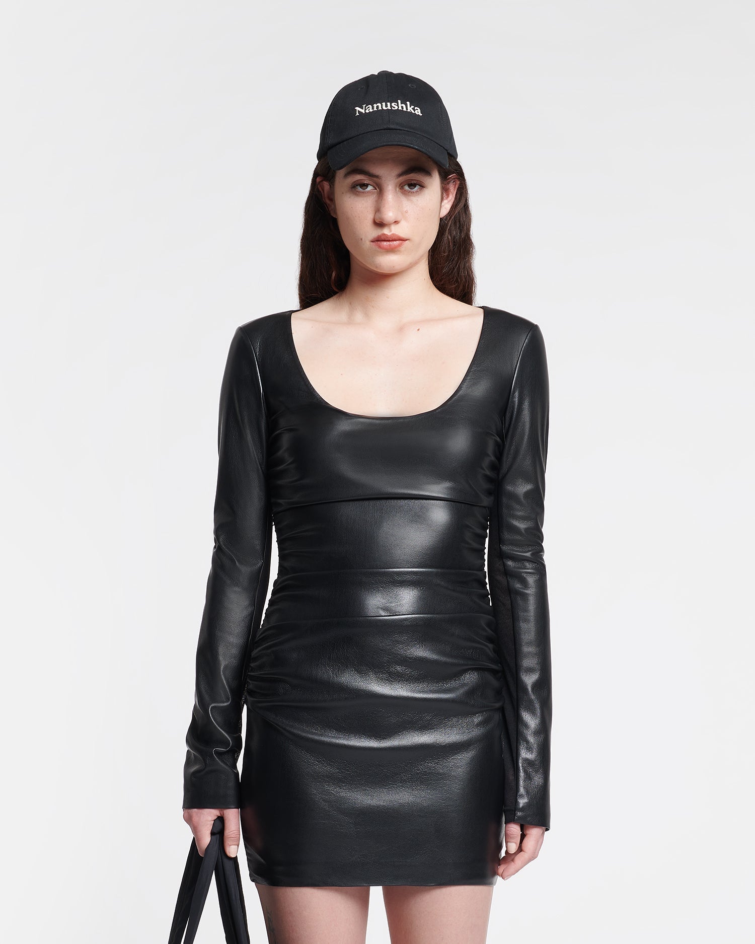 Womens | Sosha Ruched Okobor Alt-Leather Mini Dress | Black