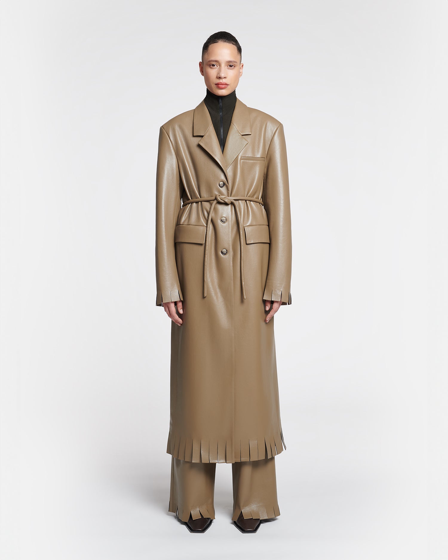 Nikoline Belted Regenerated Leather Coat | Muted Khaki