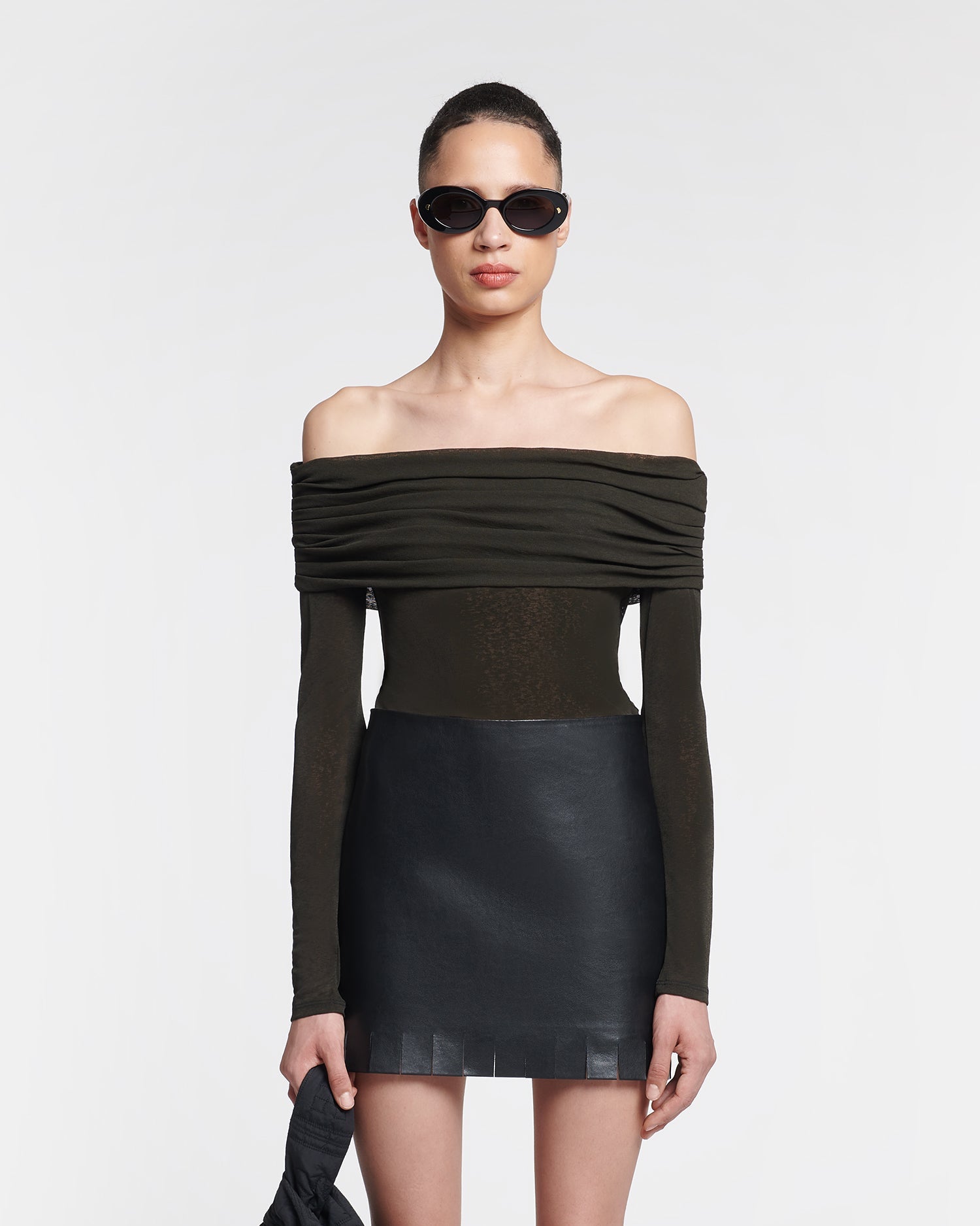 Womens | Amily Off-The-Shoulder Mesh-Jersey Top | Anthracite