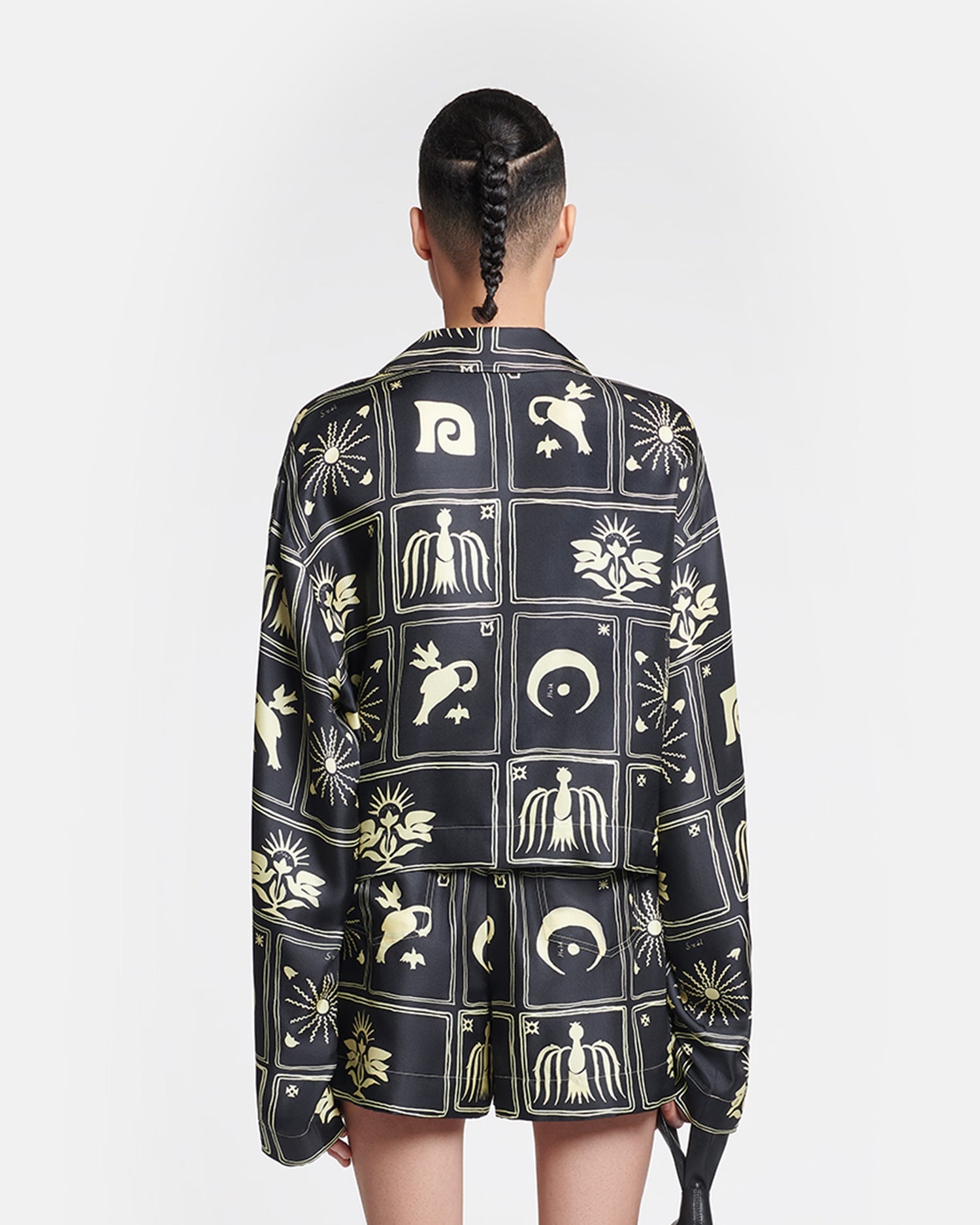 Womens | Vally Cropped Printed Silk-Twill Shirt | Folk Art Black