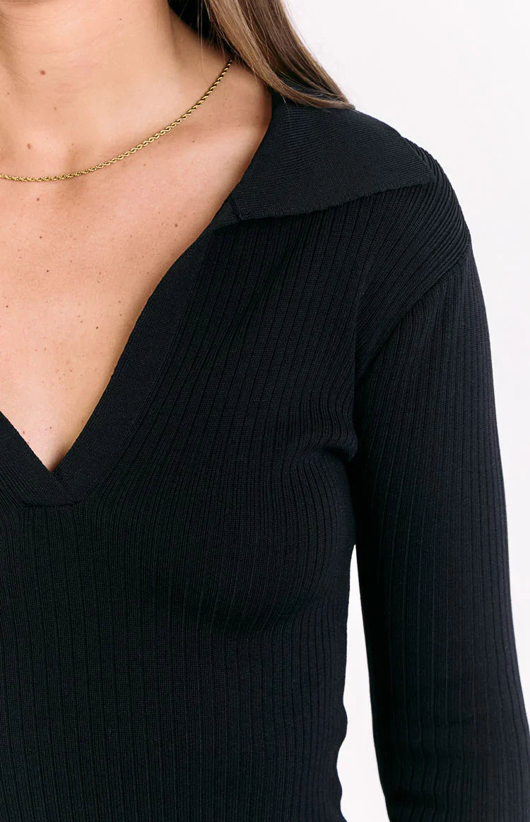 Nina Ribbed Knit Long Sleeve Sweater | Black