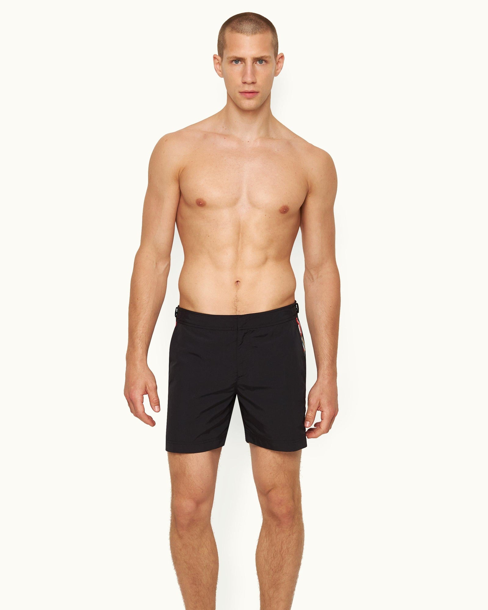 Bulldog Black Concealed O.B Stripe Tape Mid-Length Swim Shorts | Black