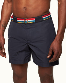 Night Iris O.B Stripe Belt Mid-Length Swim Shorts | Night Iris