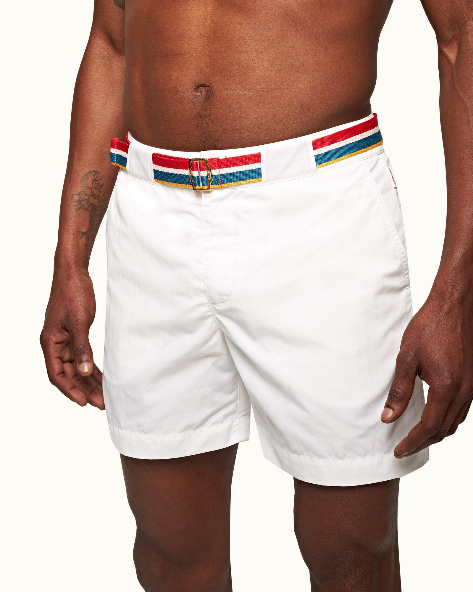 White O.B Stripe Belt Mid-Length Swim Shorts | White