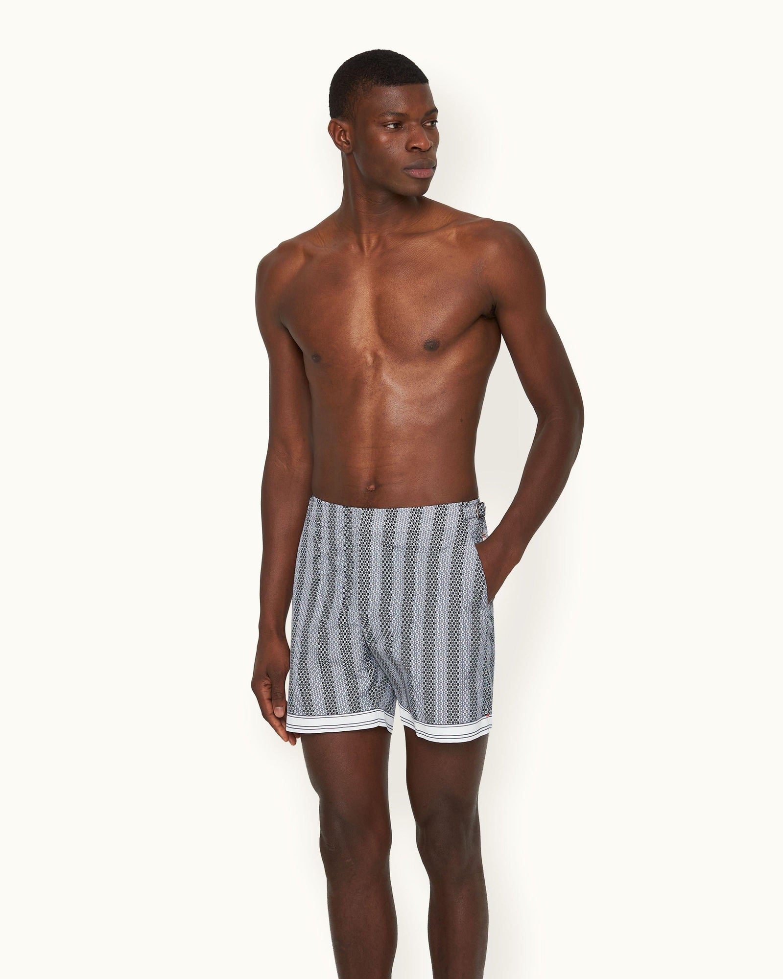 Kids | Bulldog Rills Print Mid-Length Swim Shorts Woven In France in Night Iris/White Sand colour | Night Iris/White Sand