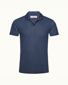 Felix Linen Classic Blue Contrast Resort Collar Linen Polo Shirt | Classic Blue