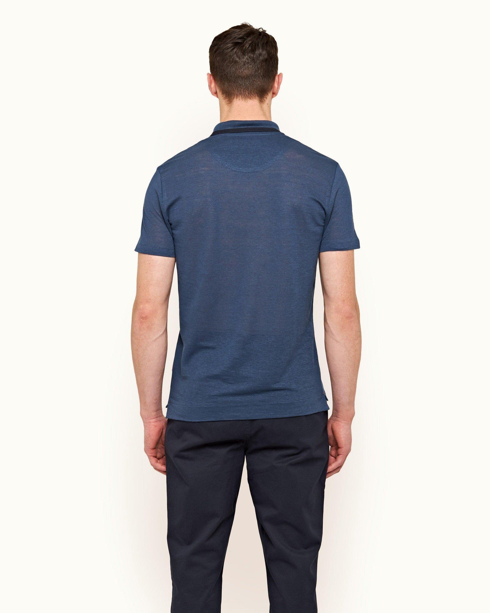 Felix Linen Classic Blue Contrast Resort Collar Linen Polo Shirt | Classic Blue