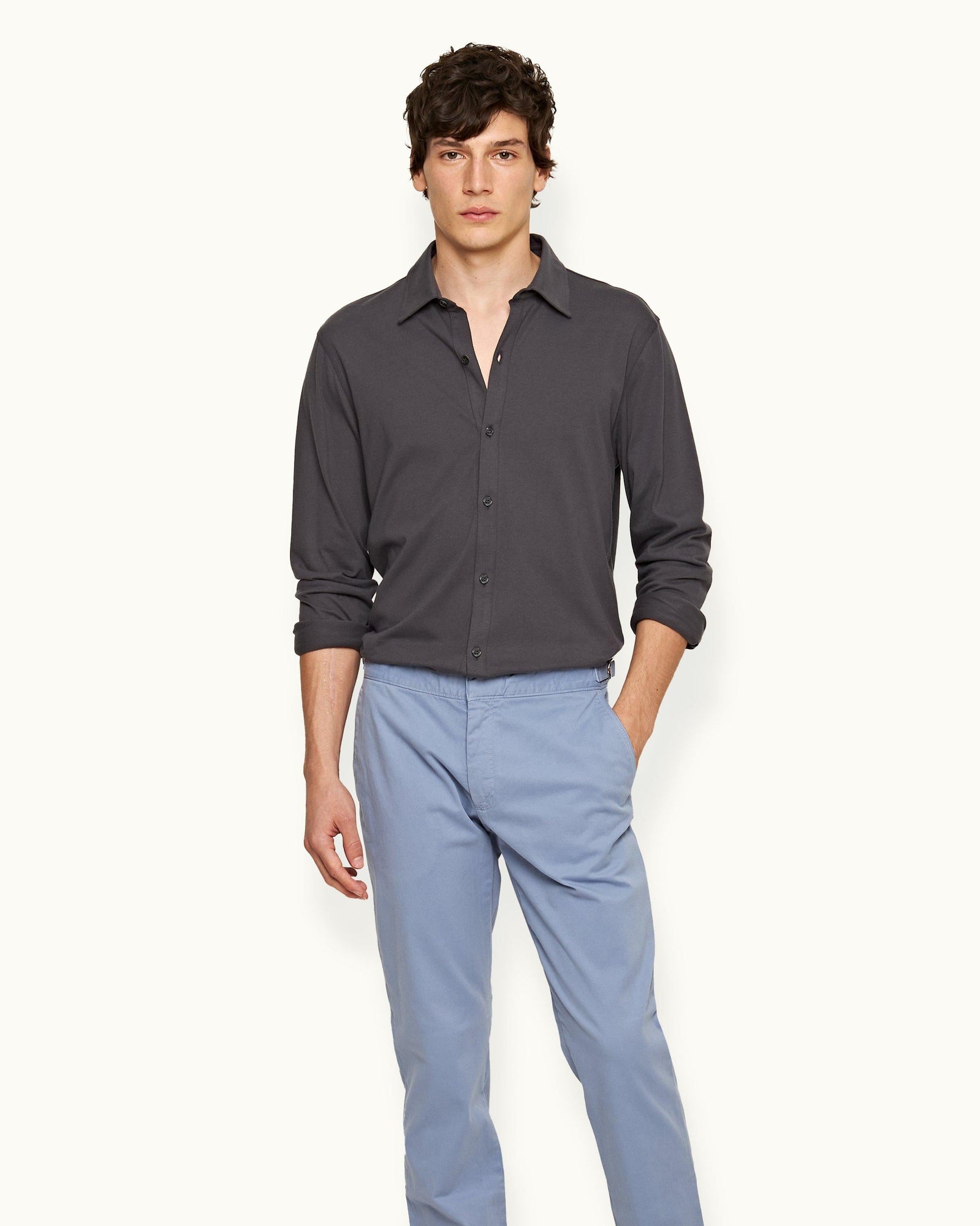 Tailored Fit Classic Collar Cotton-Silk Shirt In Piranha Grey | Piranha Grey