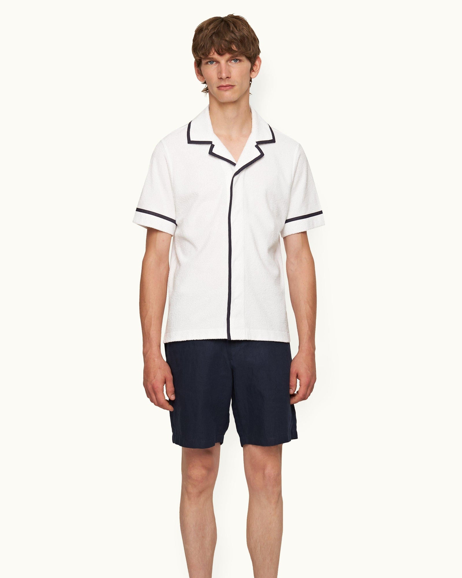 White/Midnight Navy Contrast Trim Capri Collar Towelling Shirt | White/Midnight Navy
