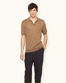 Tailored Fit Merino-Silk Knit Polo Shirt In Dark Biscuit Colour | Dark Biscuit