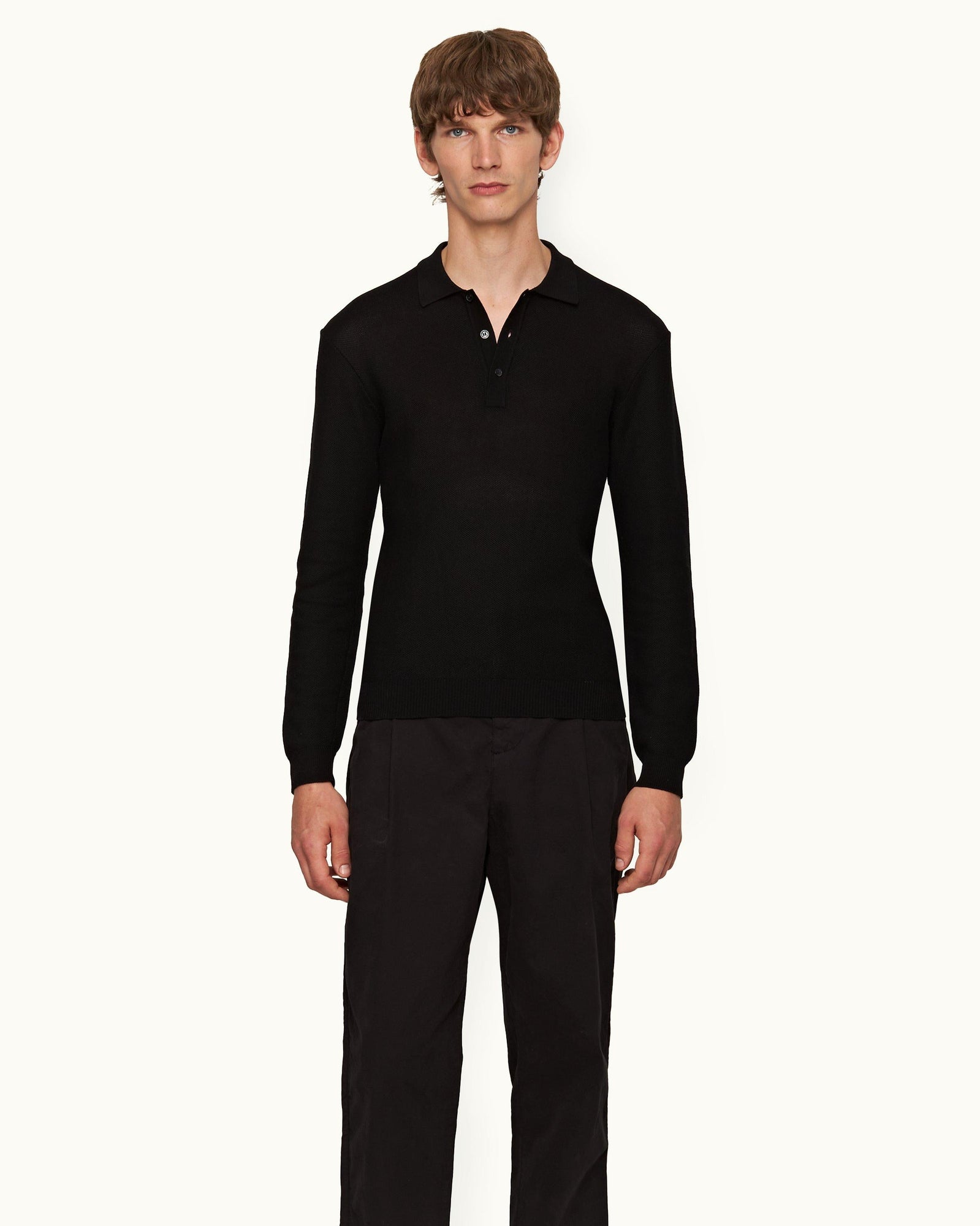 Black Classic Fit Long-Sleeve Mercerised Cotton Polo Shirt | Black