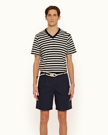 Nicolas Towelling Ink/Cloud Relaxed Fit Towelling Stripe V-Neck T-shirt | Ink/Cloud