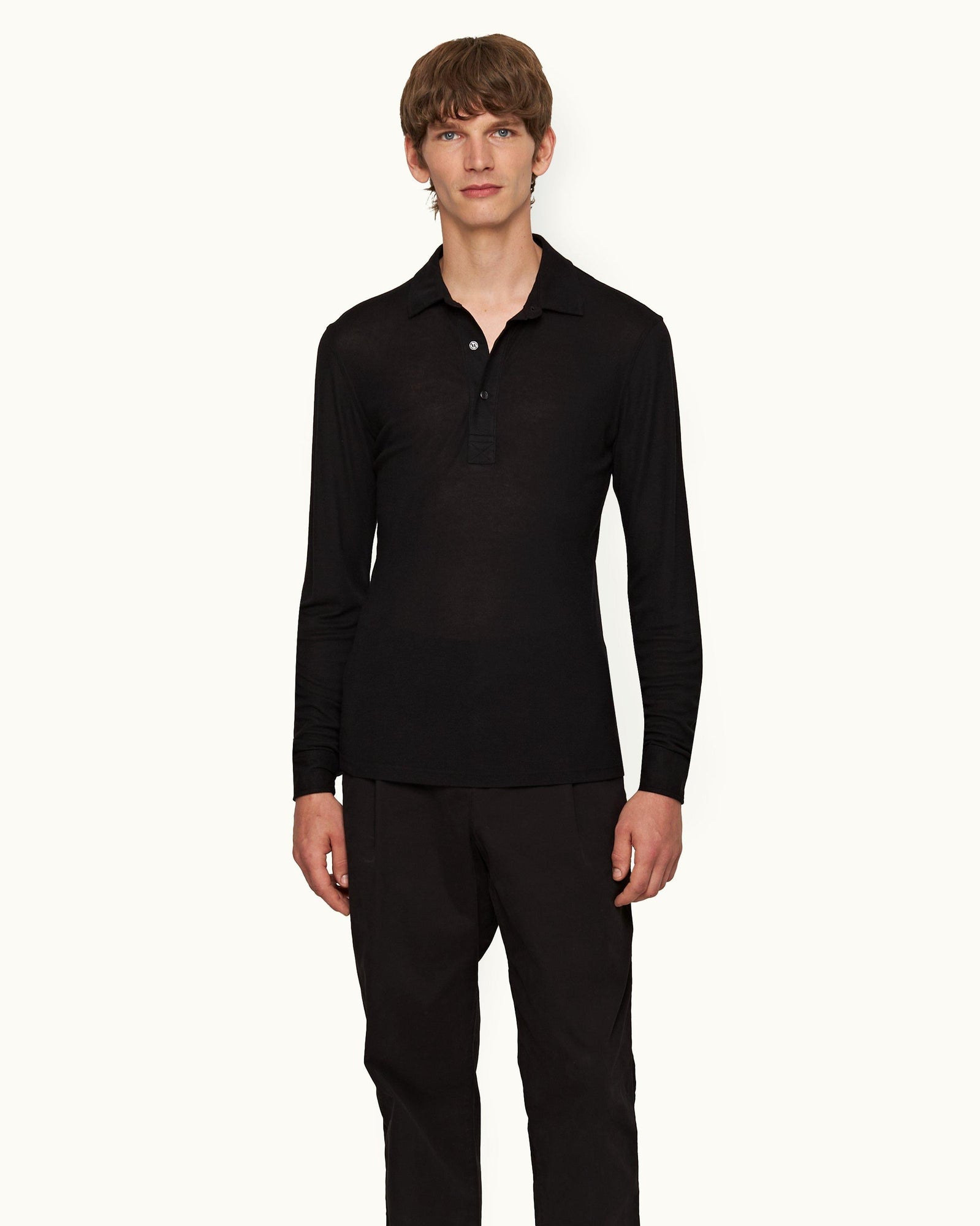 Sebastian Cashmere Black Tailored Fit Long-Sleeve Cashmere Polo Shirt | Black