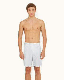 Serenity Blue Relaxed Fit Side Panel Cotton-Linen Shorts | Serenity Blue