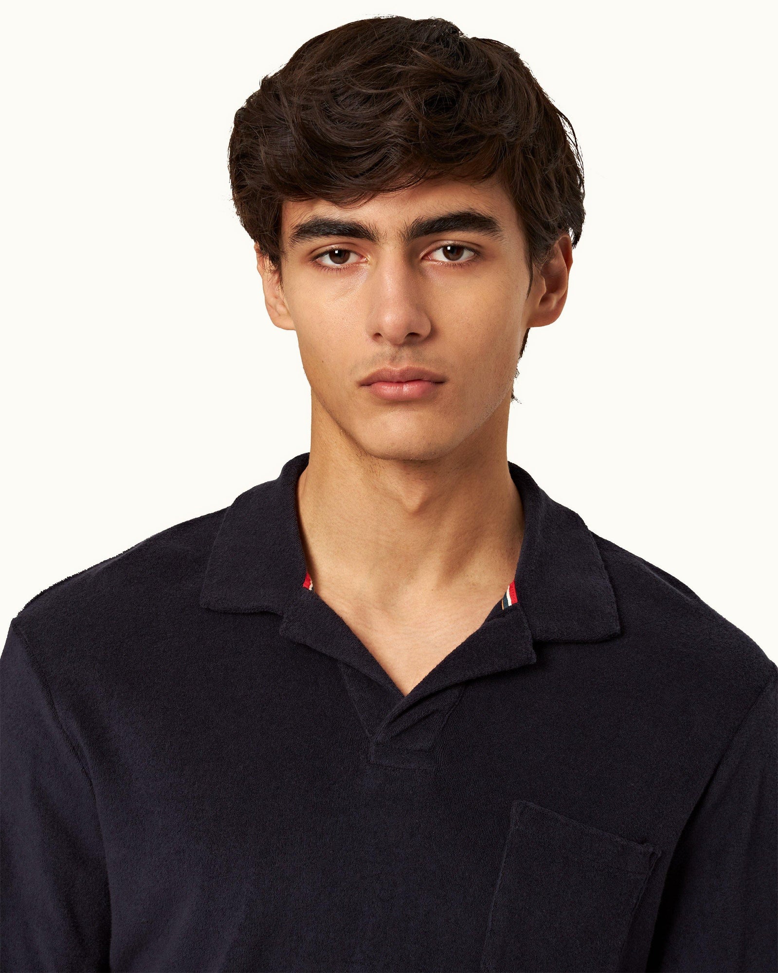 Terry Towelling Night Iris O.B Stripe Tailored Fit Long-Sleeve Towelling Resort Polo Shirt | Night Iris