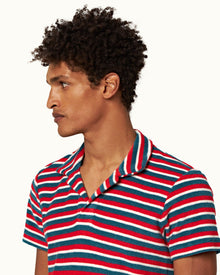 Terry Towelling Summer Red/Marina Aqua O.B Stripe Resort Polo Shirt | Summer Red/Marina Aqua
