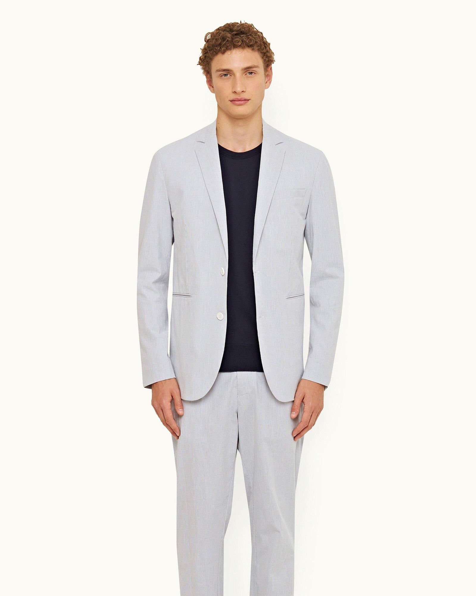 Midnight Navy/White Tailored Fit Unstructured Stretch-Cotton Blazer | Midnight Navy/White