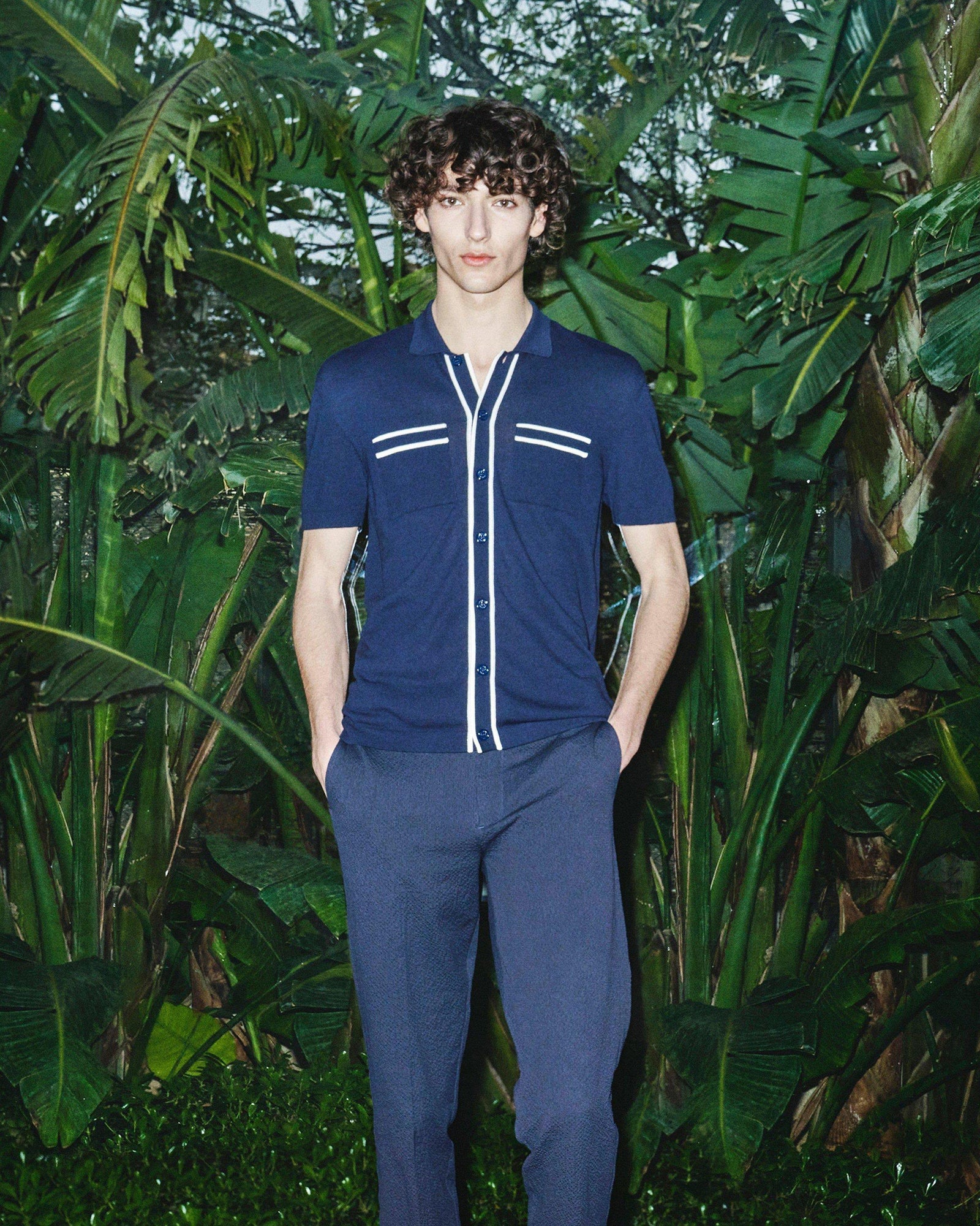 Night Iris Capri Collar Tipping Detail Knit Shirt | Night Iris