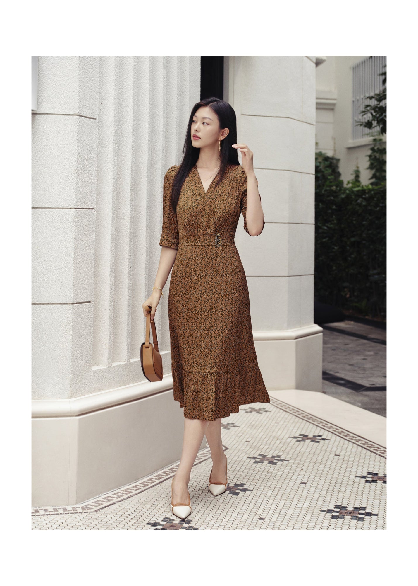 One-Piece Tea-Length Dress | Brown