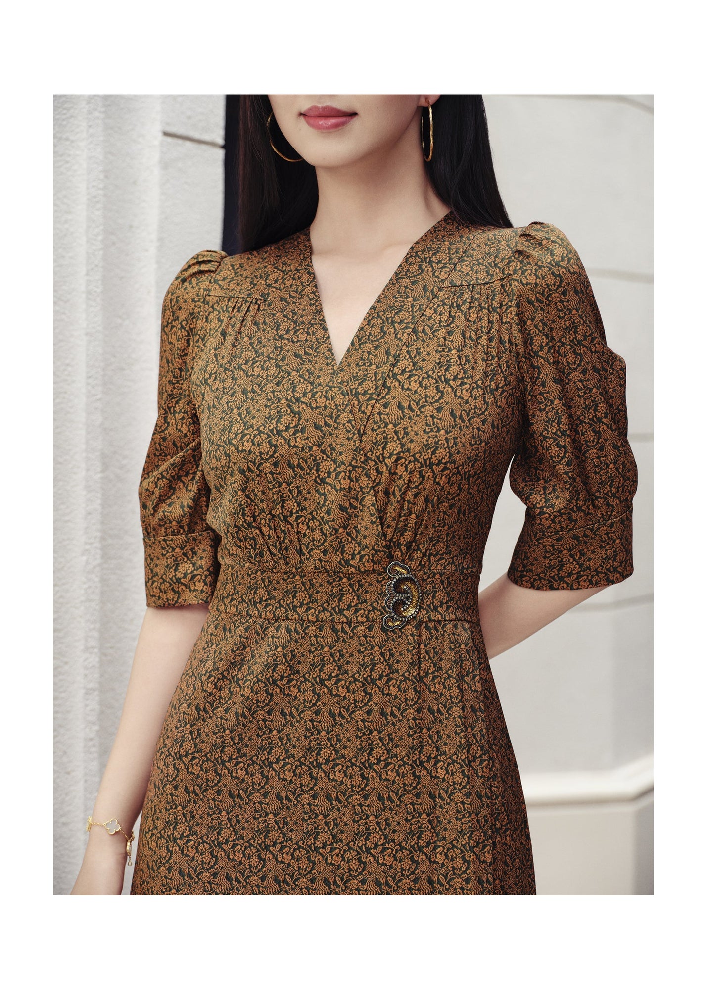 One-Piece Tea-Length Dress | Brown