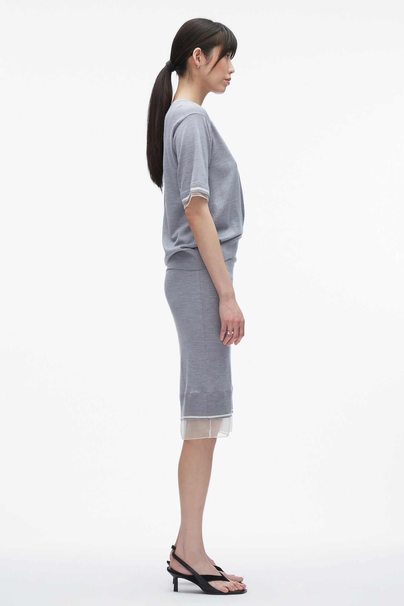 French Tuck Knit Dress with Organza | Grey Melange
