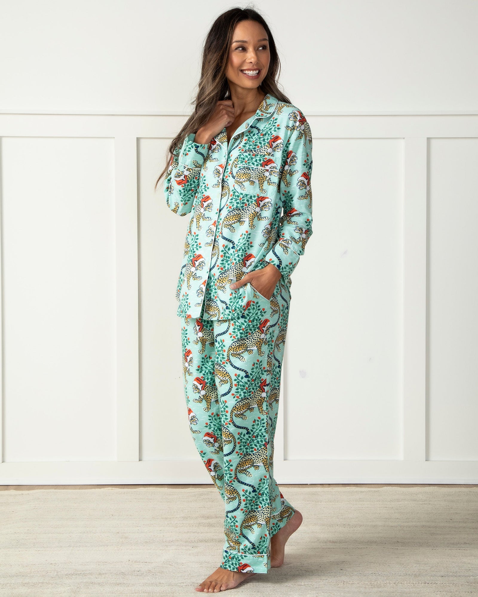 Holly Jolly Bagheera - Flannel Long Sleep Set - Frosted Mint - Printfresh
