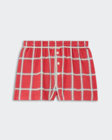 Picnic Plaid Short - Scarlet Combo, casual shorts in vibrant scarlet featuring a large plaid pattern in white and light blue, with an elastic waistband and front button closure, shown flat.
