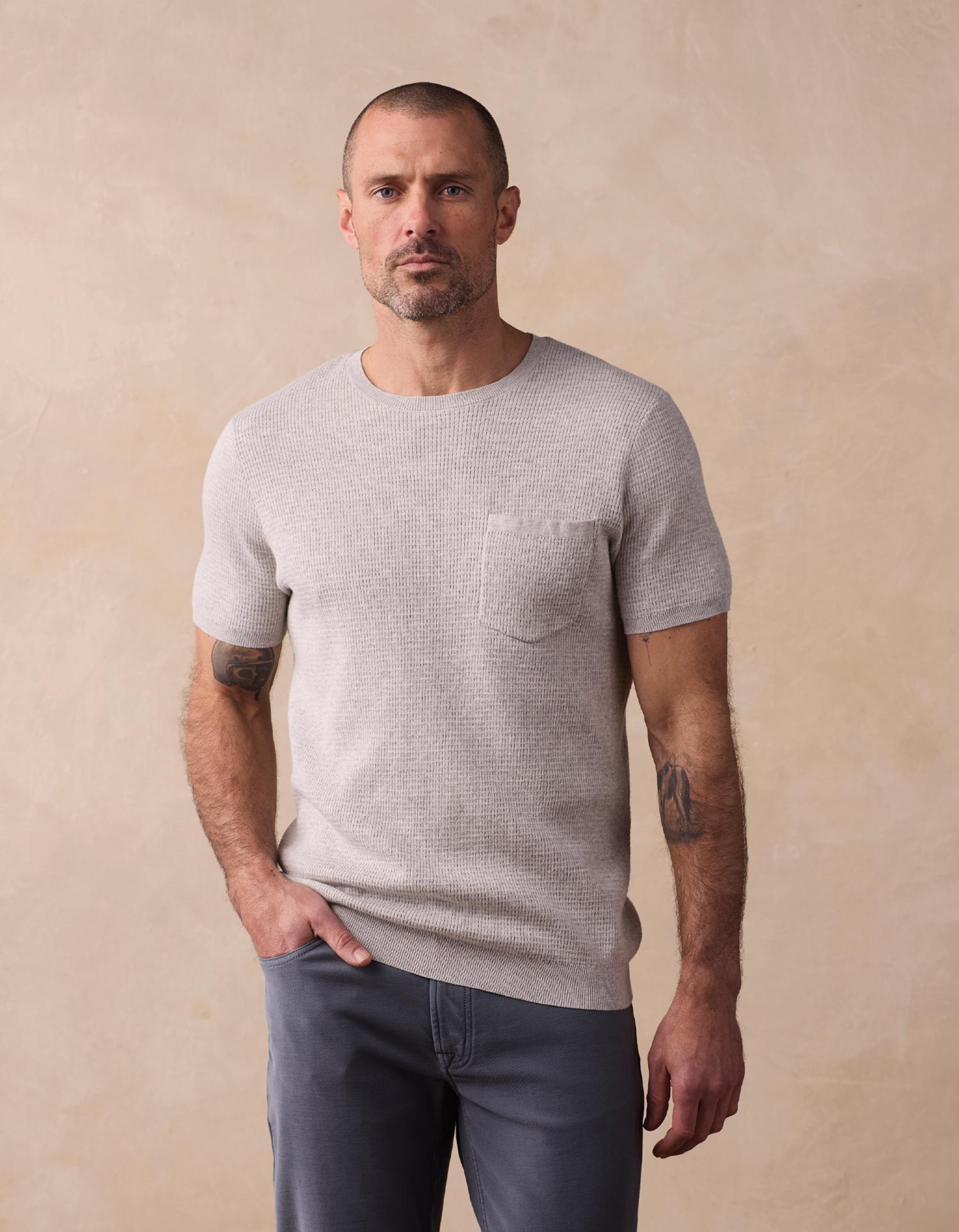 Men | Waffle Knit Sweater Tee | Stone