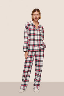 Model is wearing Flannel Long PJ Set  in Tartan Plaid Ivory/Holly Red