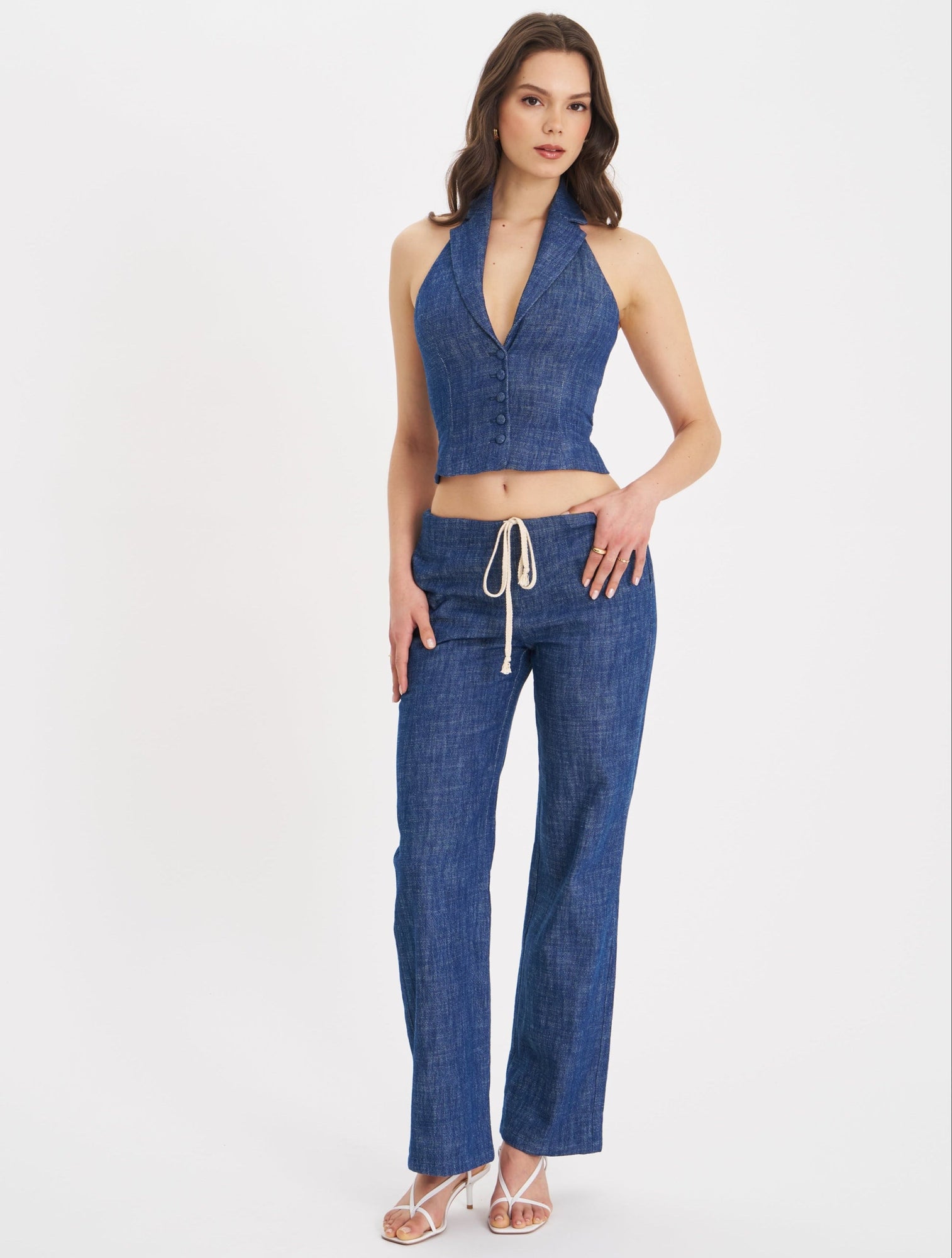Rafaella Cotton Denim Halter Lapel Top | Navy