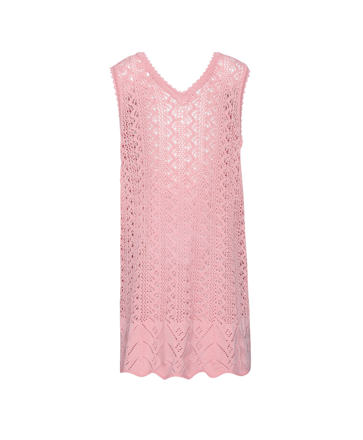 Kids Pink Sands Kaia Knit Dress — soft pink crochet cover-up with playful knit details and relaxed V-neckline.