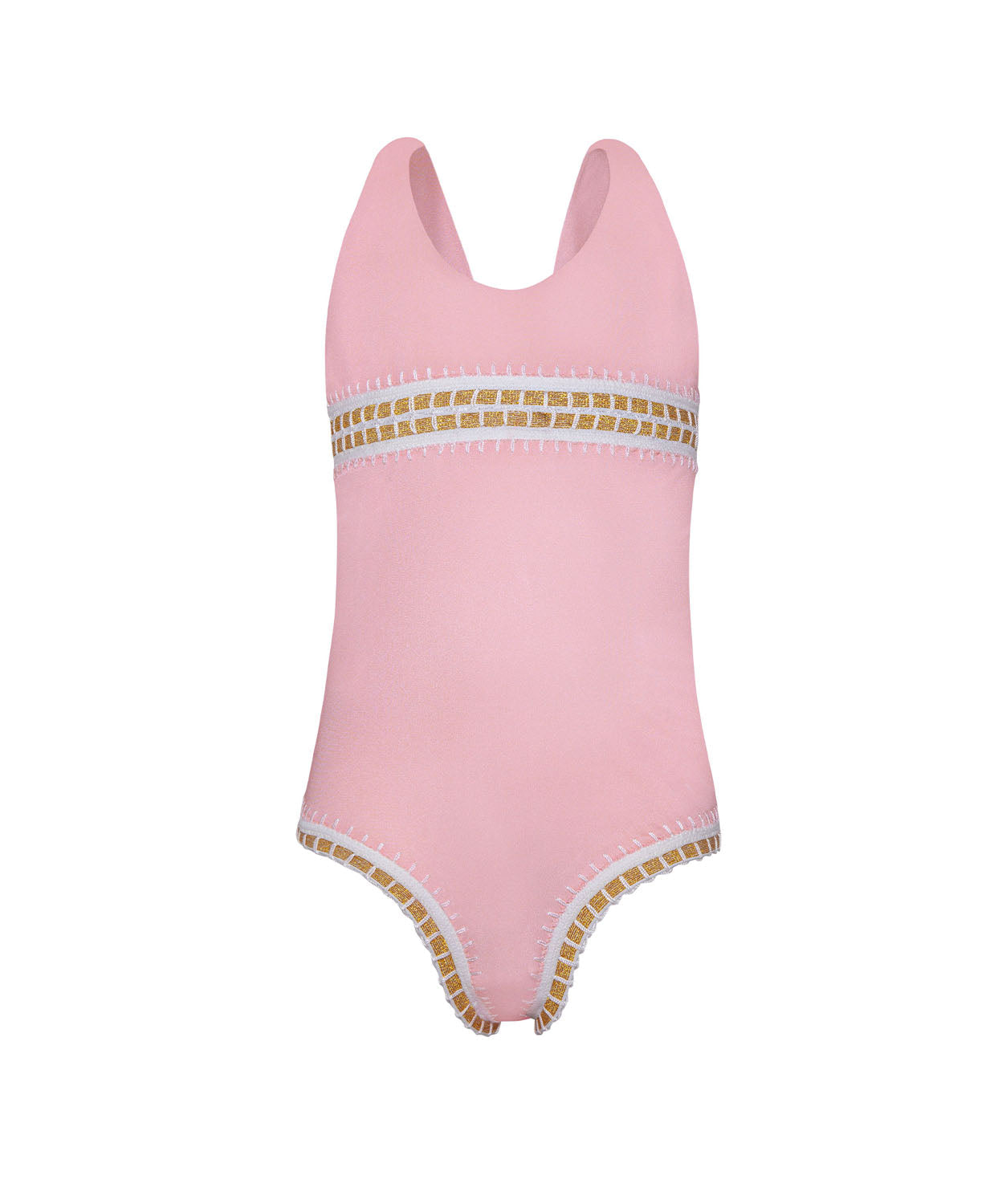 Kids Pink Sands Mabel Rainbow Embroidered One Piece — soft pink swimsuit with gold embroidery inspired by Solange Ferrarini's colorful designs.