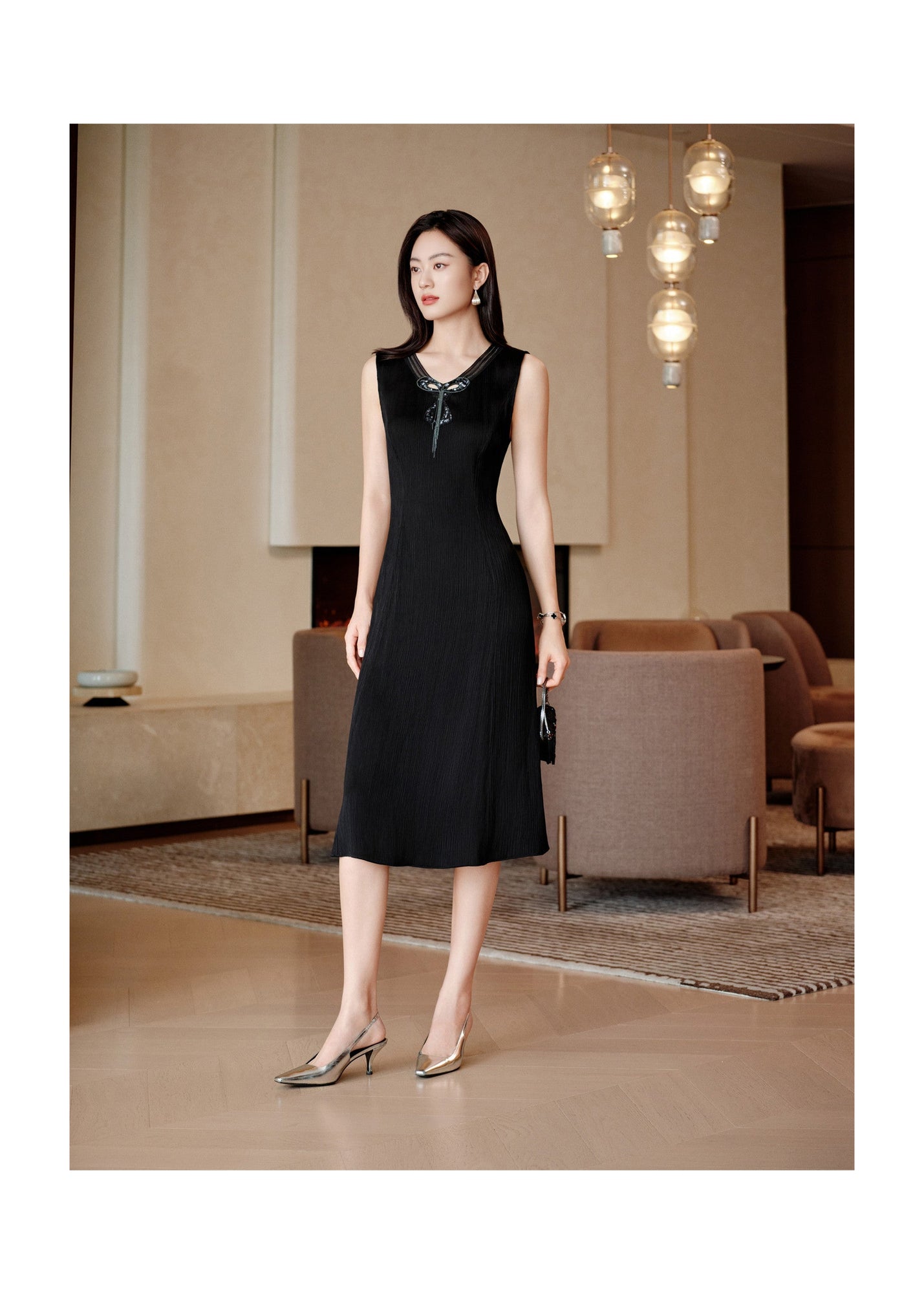 Pleated Triacetate Dress | Black