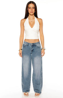 Posey Contrast Seam Wide Leg Jeans | Mid Wash
