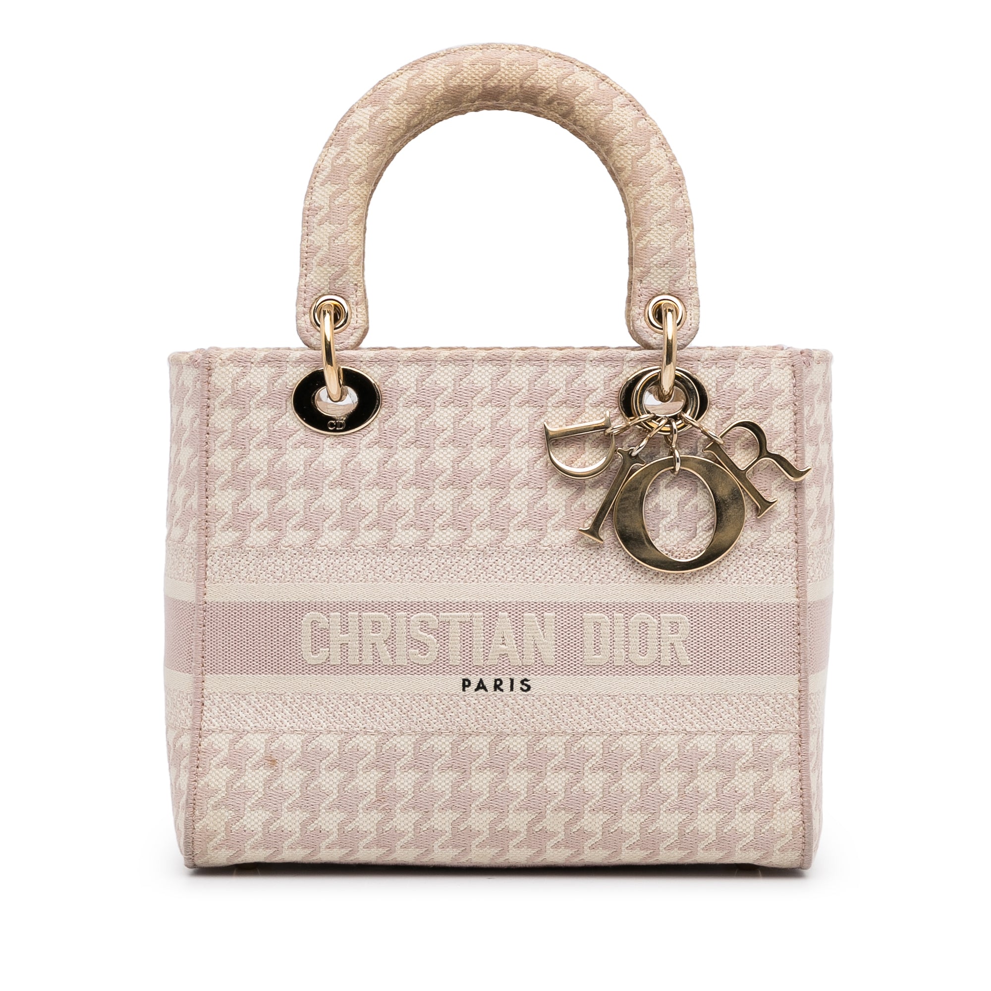 Dior | Pre-Owned Medium Embroidered Canvas Houndstooth Lady D Lite | Pink/Light Pink