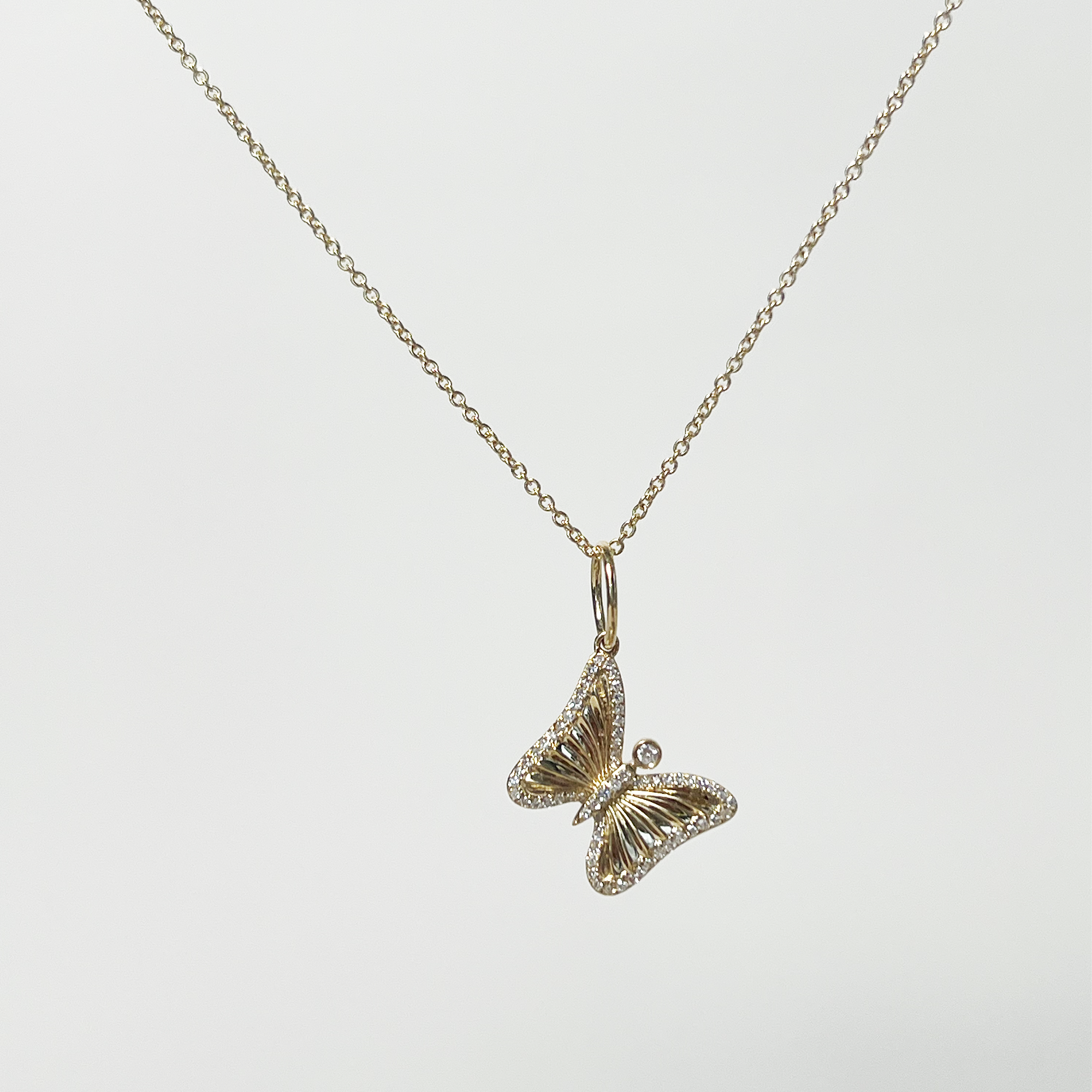 Diamond Accent Monarch Butterfly Charm Necklace | 14K Yellow Gold | 0.21 CTW (Approx) White Diamond