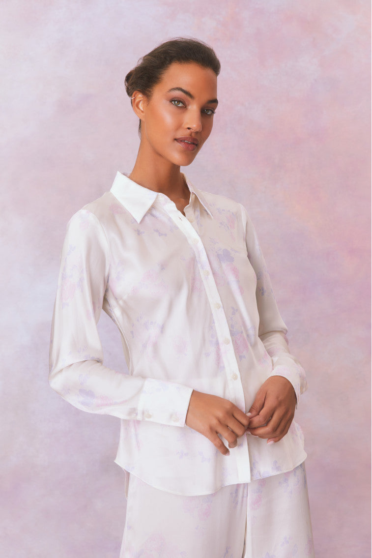 Womens | Quintenette Silk Printed Rosette Top | Lilac Pearl