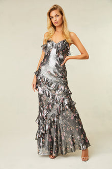 Metallic, floral-printed maxi dress.