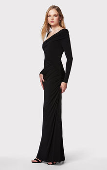 Ruched Jersey Asymmetric Gown | Black