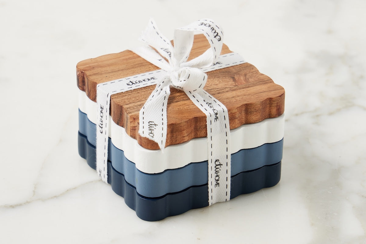 Scalloped Wood Coasters - Square | Maritime Colors | Set of 4