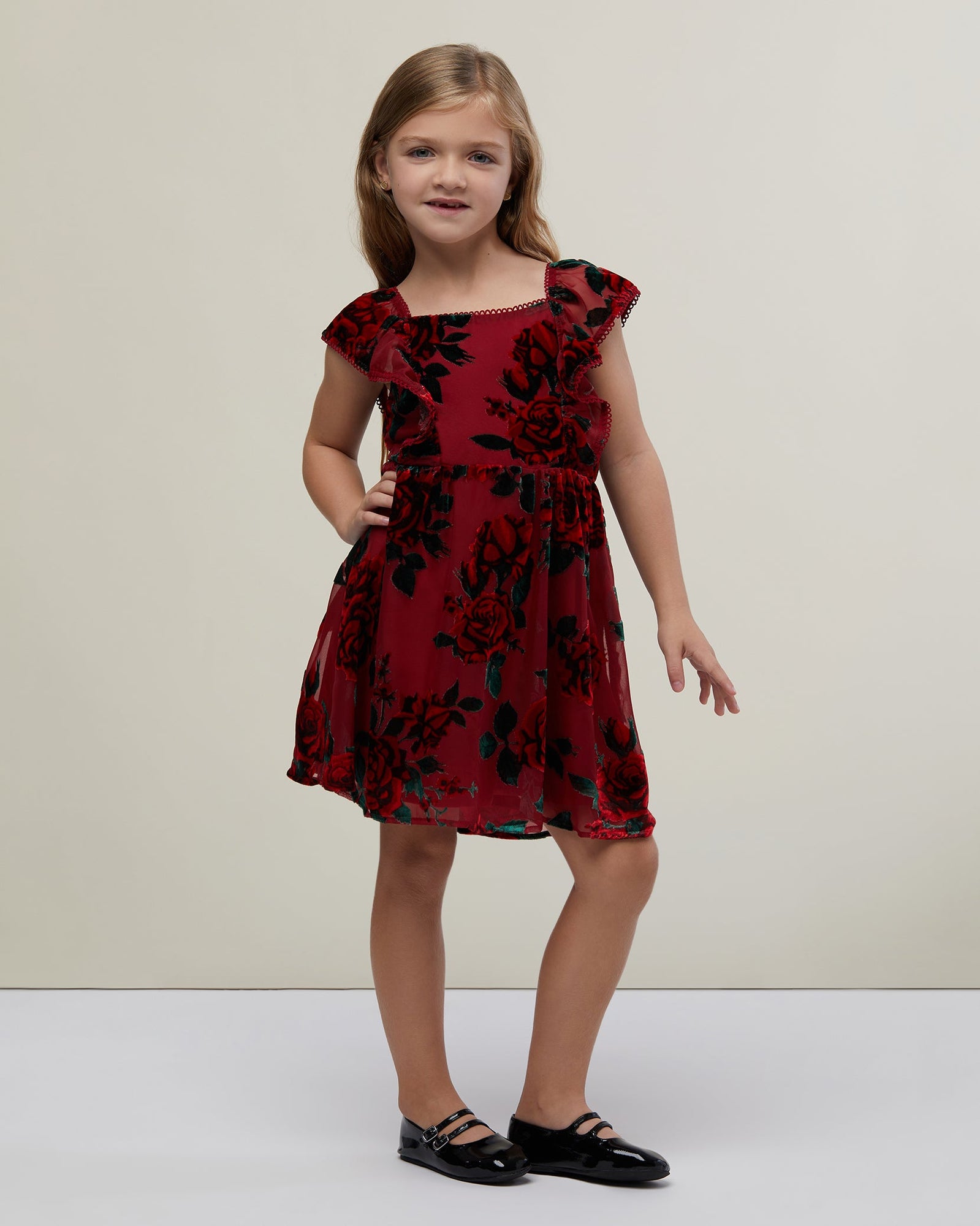 Girl's Flutter Fit & Flare Dress | Burnout Roses Deep Red